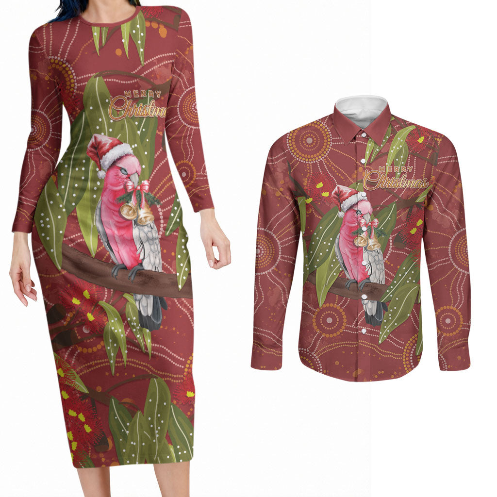 Australia Christmas Indigenous Couples Matching Long Sleeve Bodycon Dress and Long Sleeve Button Shirt Galah Bird on Eucalyptus