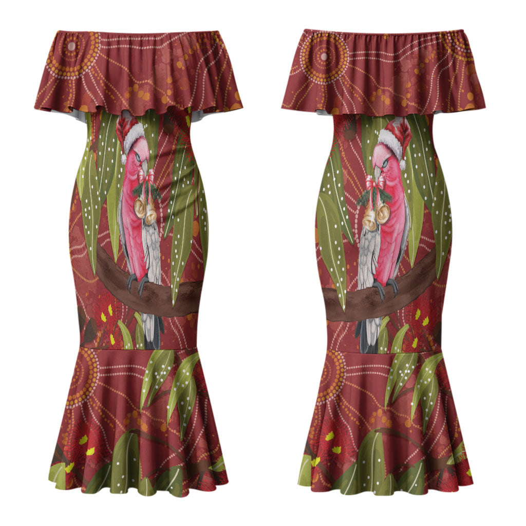 Australia Christmas Indigenous Couples Matching Mermaid Dress and Long Sleeve Button Shirt Galah Bird on Eucalyptus
