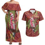 Australia Christmas Indigenous Couples Matching Off Shoulder Maxi Dress and Hawaiian Shirt Galah Bird on Eucalyptus