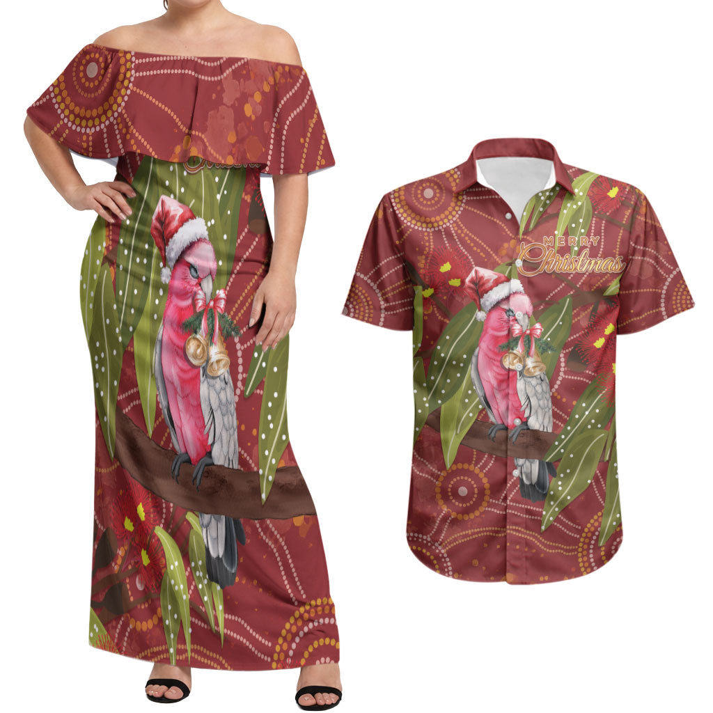 Australia Christmas Indigenous Couples Matching Off Shoulder Maxi Dress and Hawaiian Shirt Galah Bird on Eucalyptus