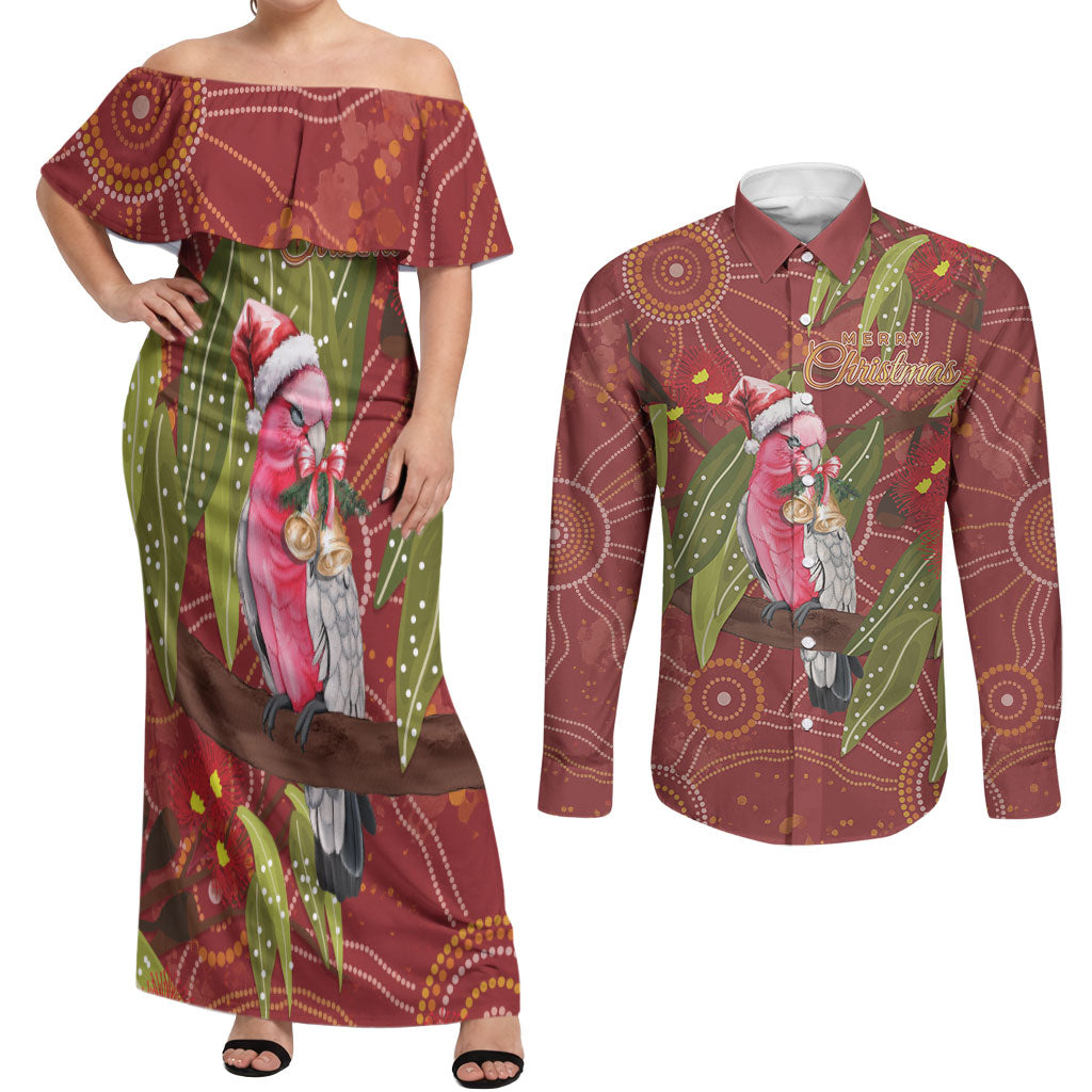Australia Christmas Indigenous Couples Matching Off Shoulder Maxi Dress and Long Sleeve Button Shirt Galah Bird on Eucalyptus
