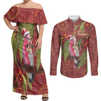 Australia Christmas Indigenous Couples Matching Off Shoulder Maxi Dress and Long Sleeve Button Shirt Galah Bird on Eucalyptus