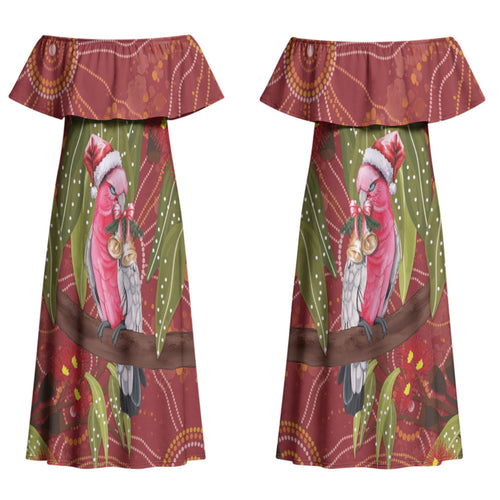 Australia Christmas Indigenous Couples Matching Off Shoulder Maxi Dress and Long Sleeve Button Shirt Galah Bird on Eucalyptus
