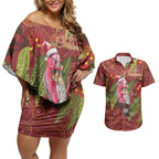 Australia Christmas Indigenous Couples Matching Off Shoulder Short Dress and Hawaiian Shirt Galah Bird on Eucalyptus