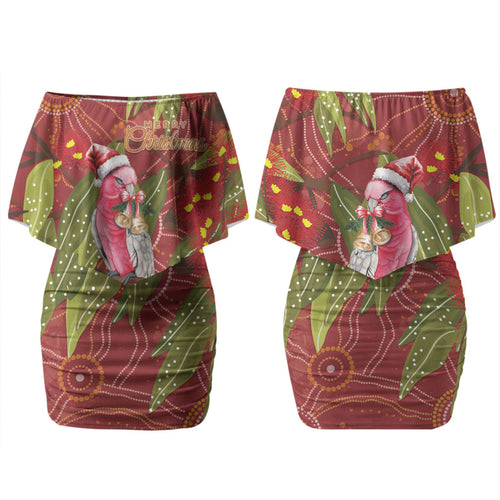 Australia Christmas Indigenous Couples Matching Off Shoulder Short Dress and Hawaiian Shirt Galah Bird on Eucalyptus