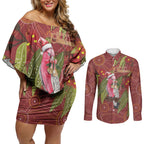 Australia Christmas Indigenous Couples Matching Off Shoulder Short Dress and Long Sleeve Button Shirt Galah Bird on Eucalyptus