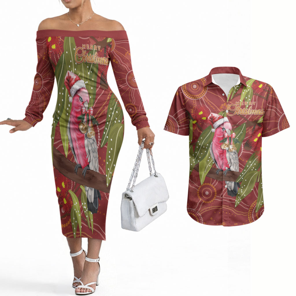Australia Christmas Indigenous Couples Matching Off The Shoulder Long Sleeve Dress and Hawaiian Shirt Galah Bird on Eucalyptus