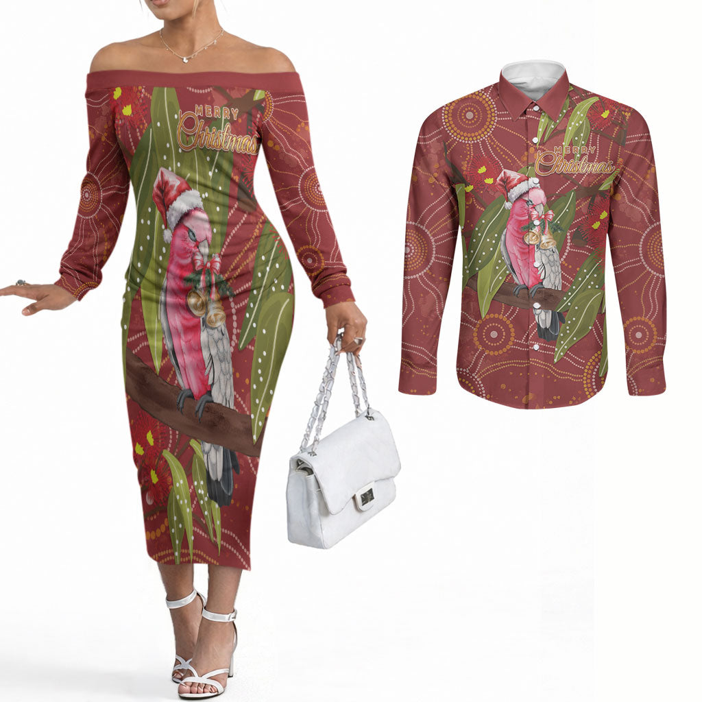 Australia Christmas Indigenous Couples Matching Off The Shoulder Long Sleeve Dress and Long Sleeve Button Shirt Galah Bird on Eucalyptus
