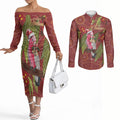 Australia Christmas Indigenous Couples Matching Off The Shoulder Long Sleeve Dress and Long Sleeve Button Shirt Galah Bird on Eucalyptus