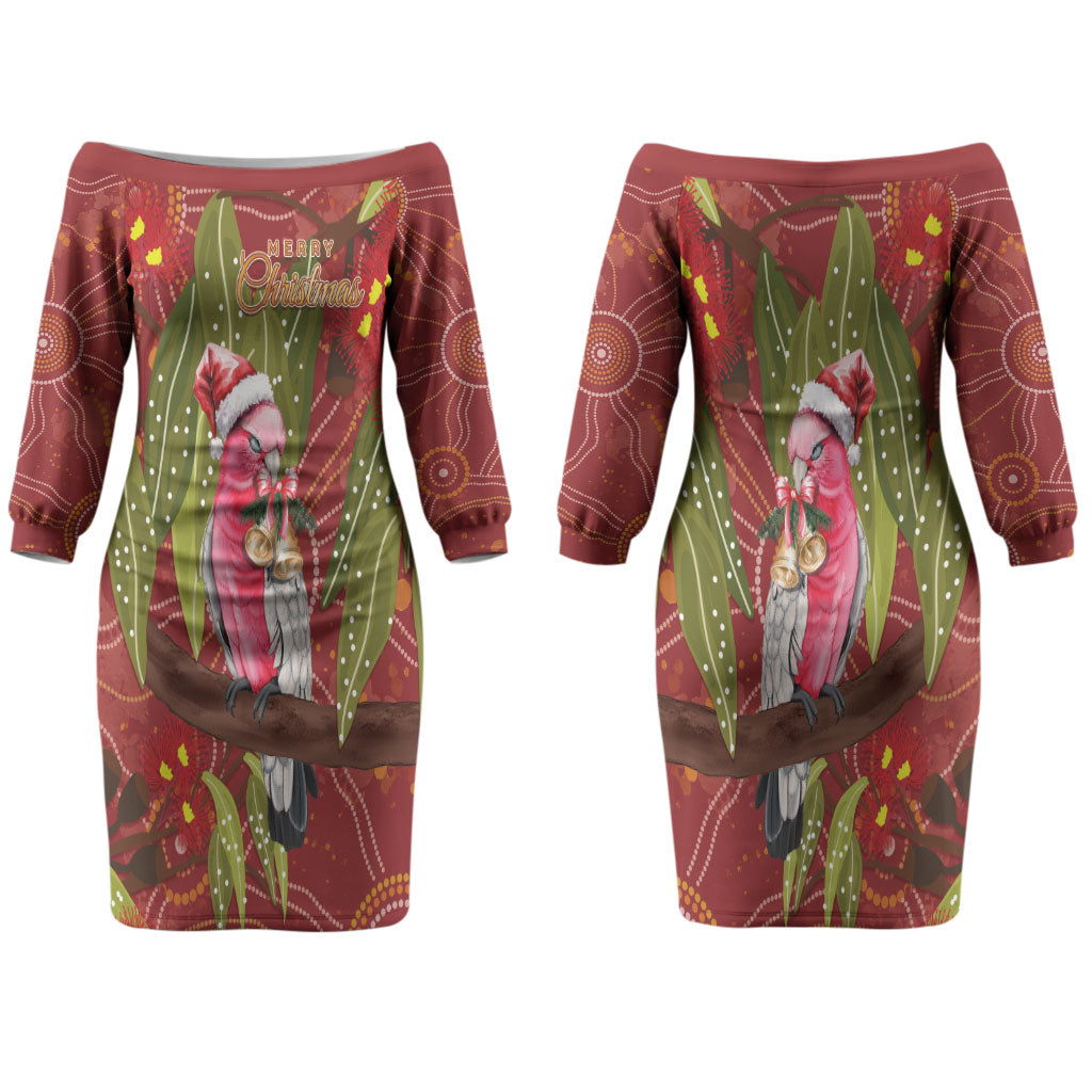 Australia Christmas Indigenous Couples Matching Off The Shoulder Long Sleeve Dress and Long Sleeve Button Shirt Galah Bird on Eucalyptus