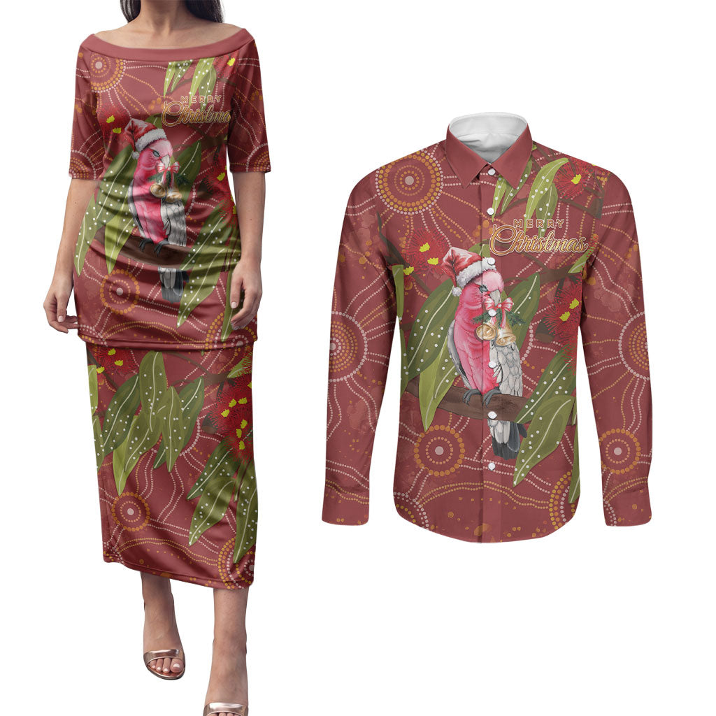 Australia Christmas Indigenous Couples Matching Puletasi and Long Sleeve Button Shirt Galah Bird on Eucalyptus