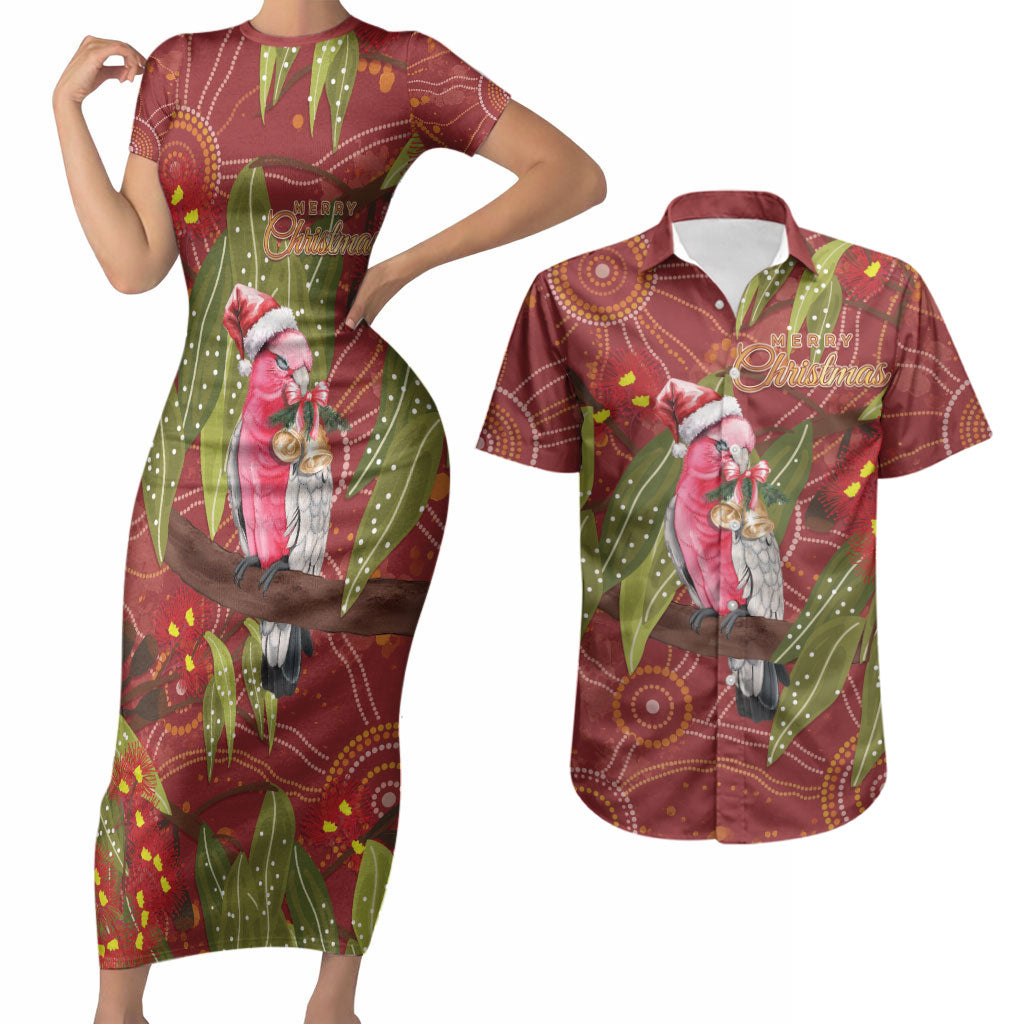 Australia Christmas Indigenous Couples Matching Short Sleeve Bodycon Dress and Hawaiian Shirt Galah Bird on Eucalyptus