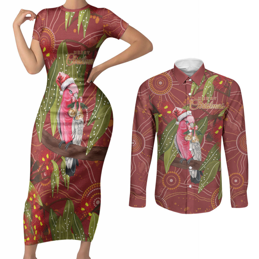 Australia Christmas Indigenous Couples Matching Short Sleeve Bodycon Dress and Long Sleeve Button Shirt Galah Bird on Eucalyptus