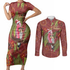Australia Christmas Indigenous Couples Matching Short Sleeve Bodycon Dress and Long Sleeve Button Shirt Galah Bird on Eucalyptus