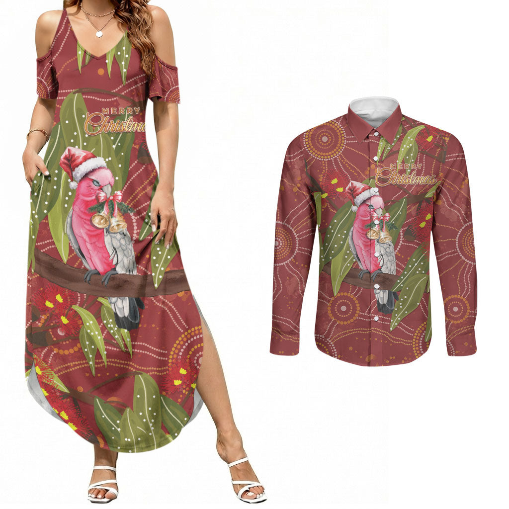 Australia Christmas Indigenous Couples Matching Summer Maxi Dress and Long Sleeve Button Shirt Galah Bird on Eucalyptus
