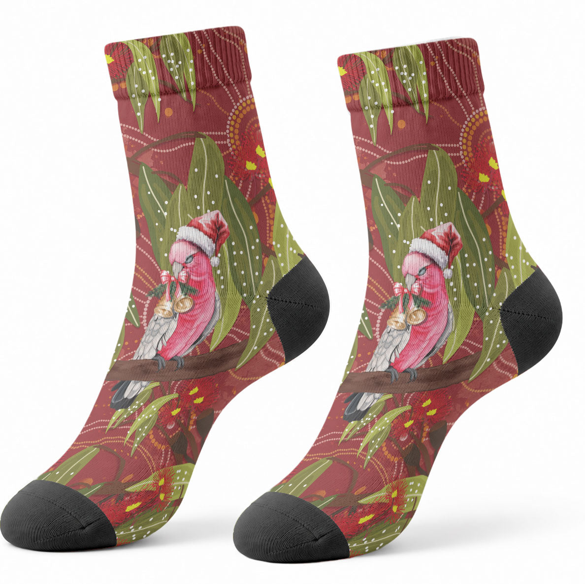 Australia Christmas Indigenous Crew Socks Galah Bird on Eucalyptus