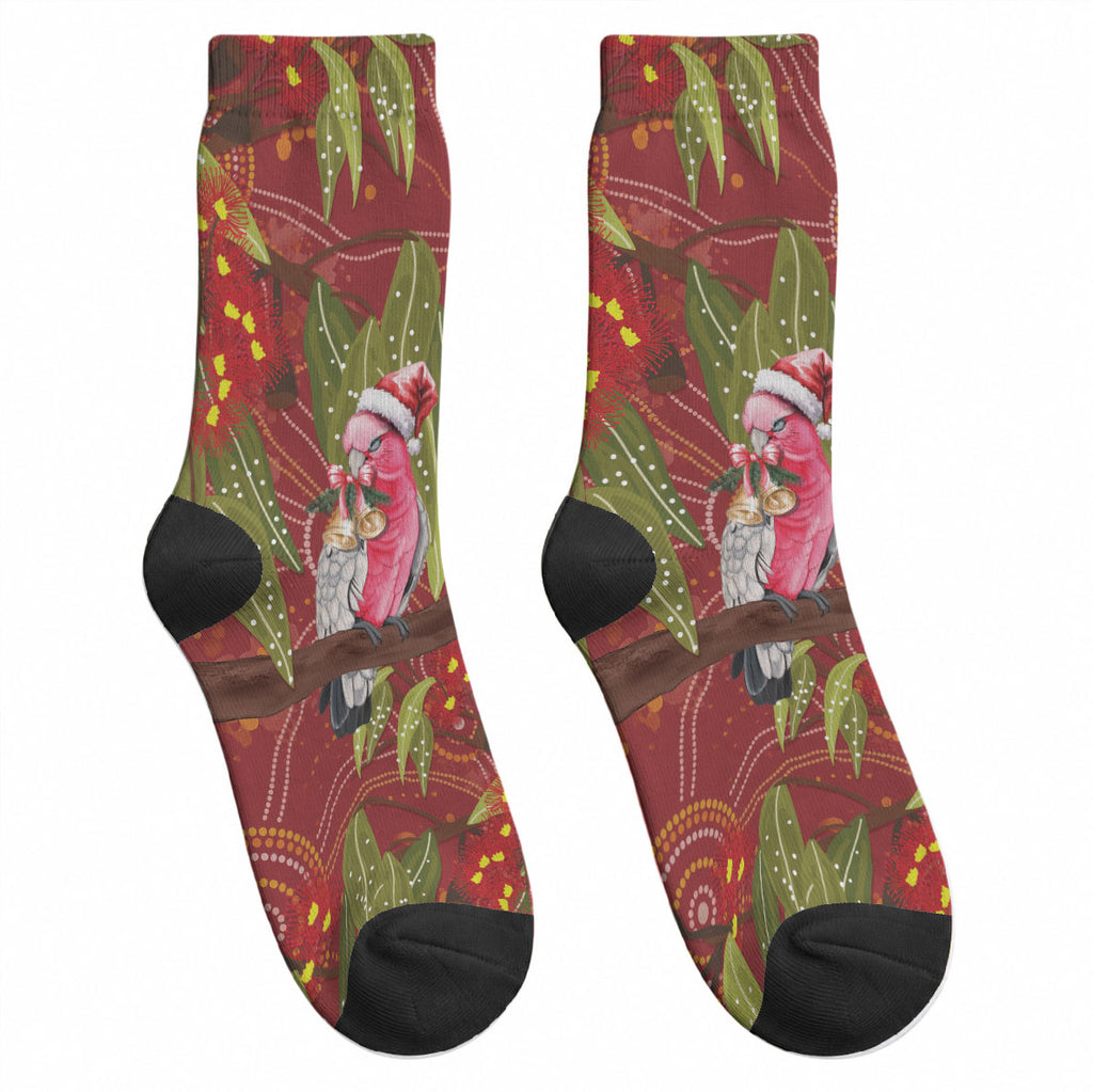 Australia Christmas Indigenous Crew Socks Galah Bird on Eucalyptus