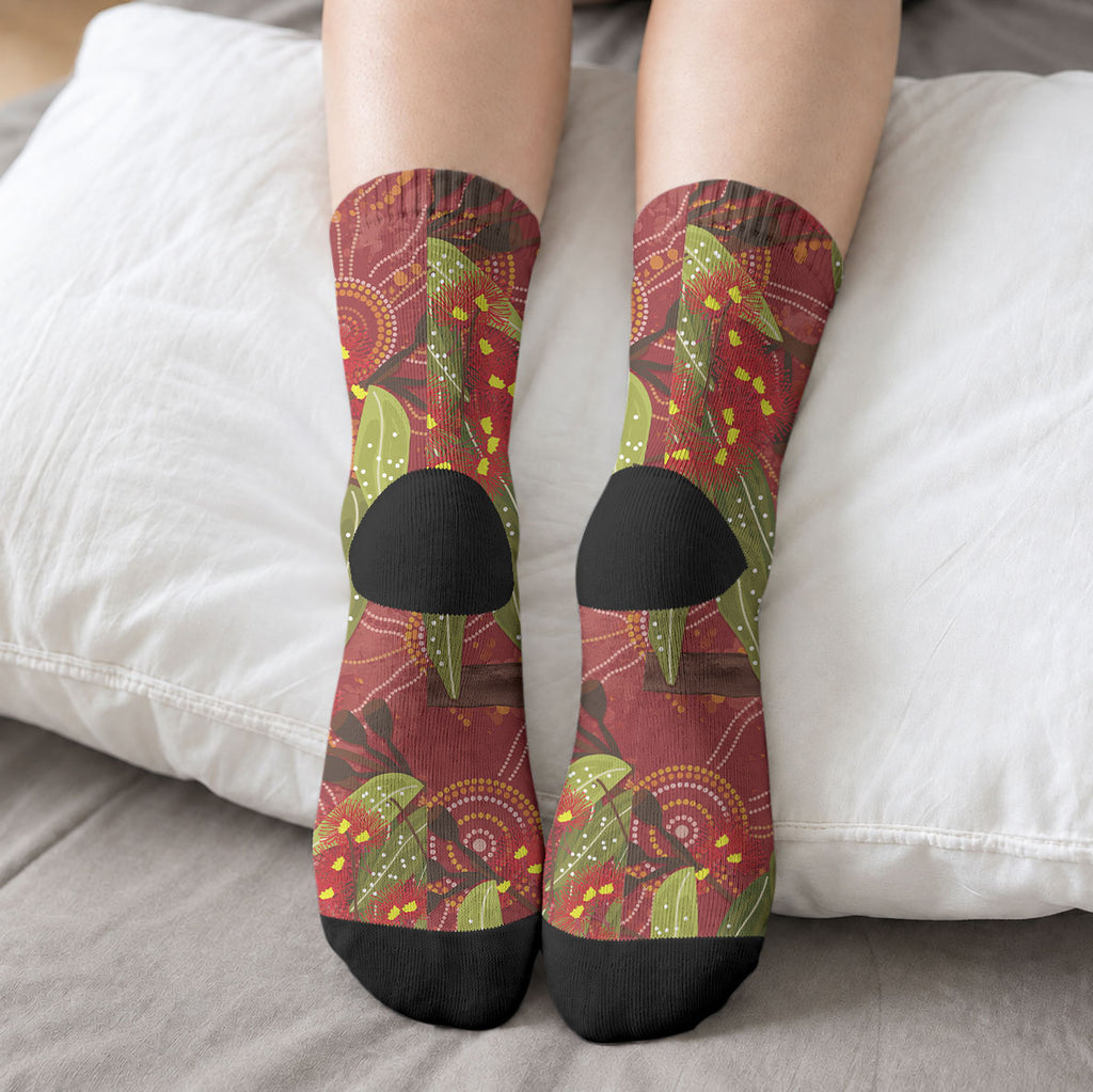 Australia Christmas Indigenous Crew Socks Galah Bird on Eucalyptus