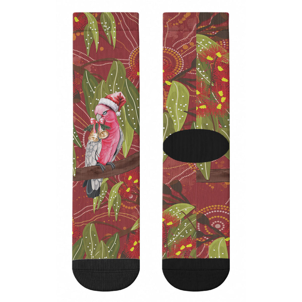Australia Christmas Indigenous Crew Socks Galah Bird on Eucalyptus