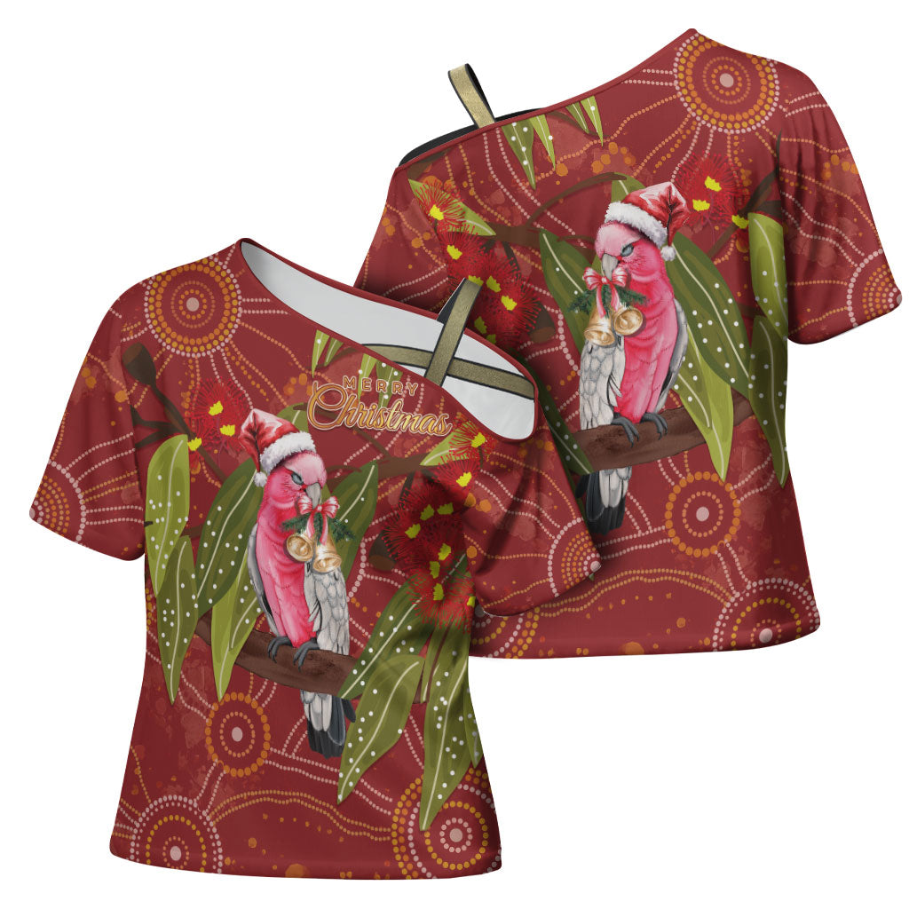 Australia Christmas Indigenous Cross Shoulder Shirt Galah Bird on Eucalyptus
