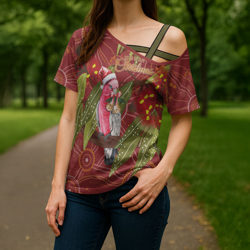 Australia Christmas Indigenous Cross Shoulder Shirt Galah Bird on Eucalyptus