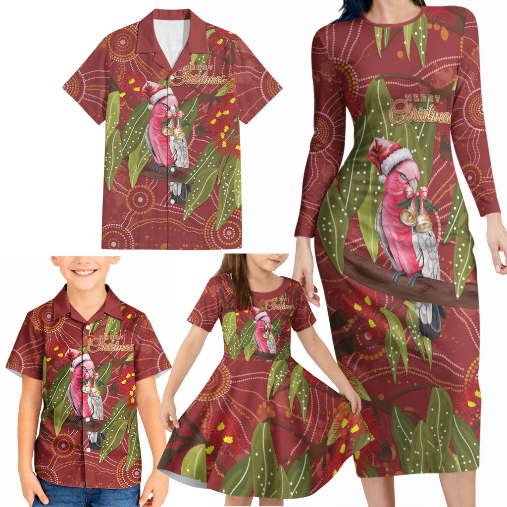 Australia Christmas Indigenous Family Matching Long Sleeve Bodycon Dress and Hawaiian Shirt Galah Bird on Eucalyptus