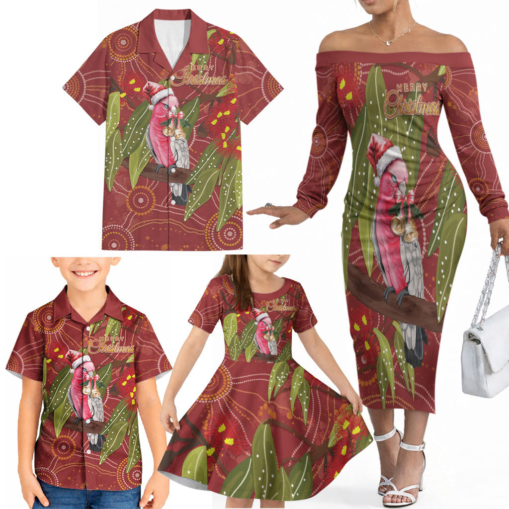 Australia Christmas Indigenous Family Matching Off The Shoulder Long Sleeve Dress and Hawaiian Shirt Galah Bird on Eucalyptus