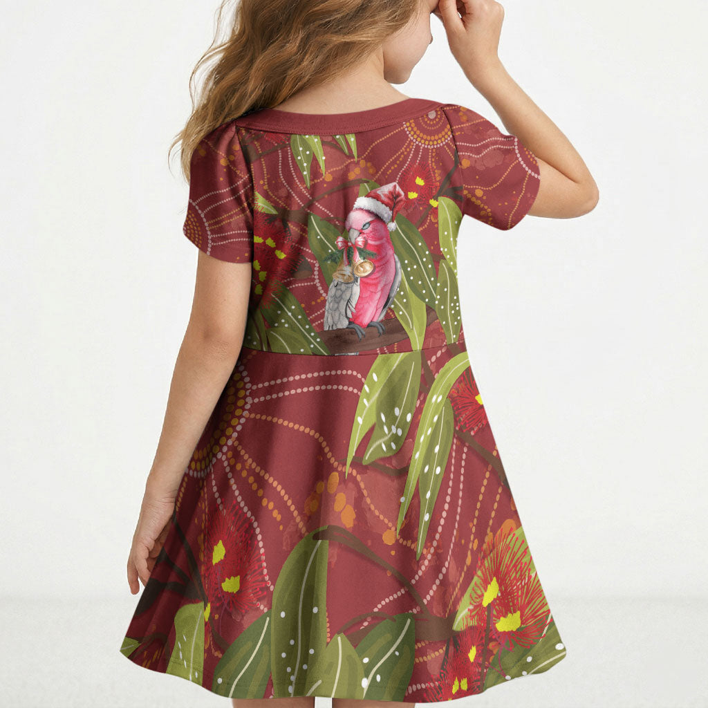 Australia Christmas Indigenous Kid Short Sleeve Dress Galah Bird on Eucalyptus