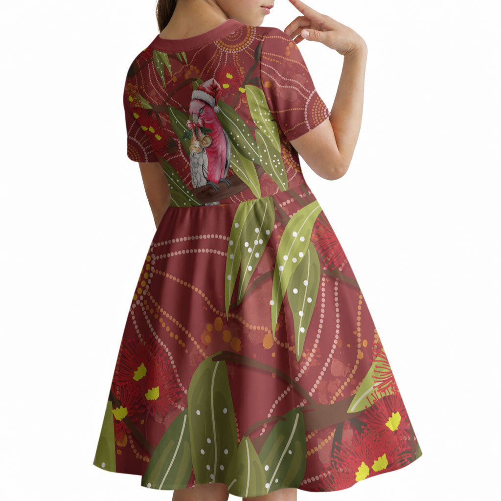 Australia Christmas Indigenous Kid Short Sleeve Dress Galah Bird on Eucalyptus