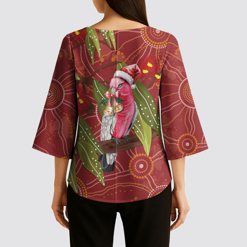 Australia Christmas Indigenous Kimono Sleeve Blouse Galah Bird on Eucalyptus