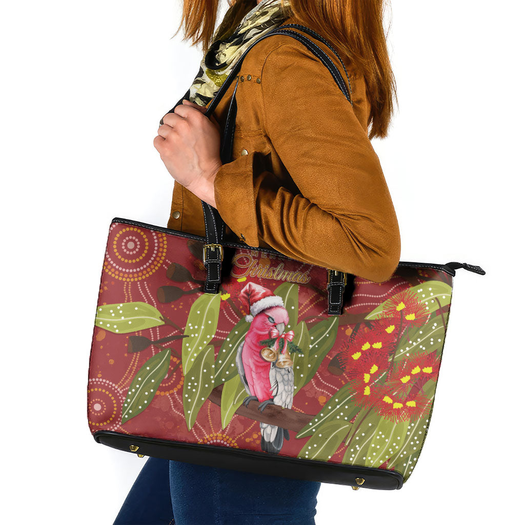 Australia Christmas Indigenous Leather Tote Bag Galah Bird on Eucalyptus