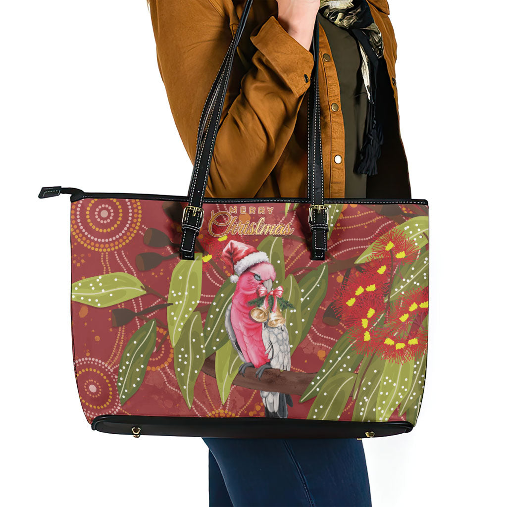 Australia Christmas Indigenous Leather Tote Bag Galah Bird on Eucalyptus