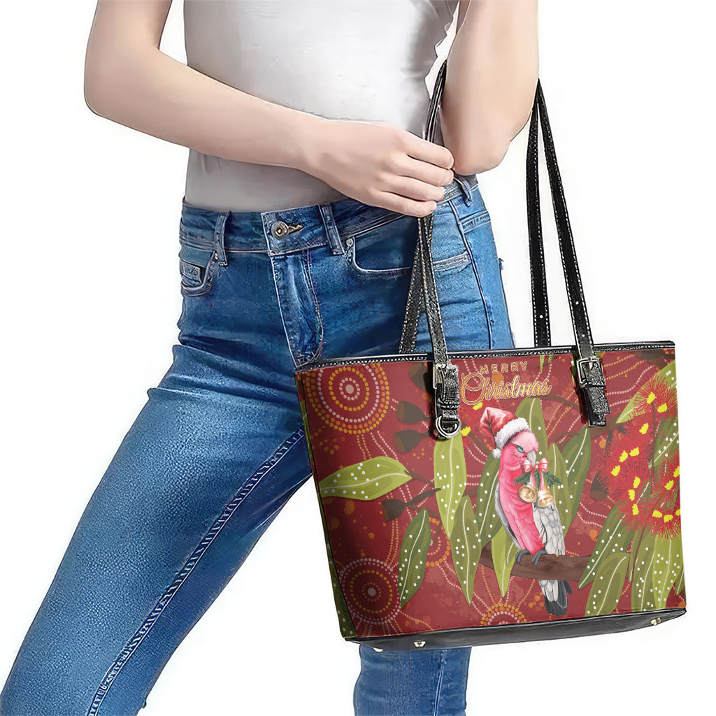 Australia Christmas Indigenous Leather Tote Bag Galah Bird on Eucalyptus