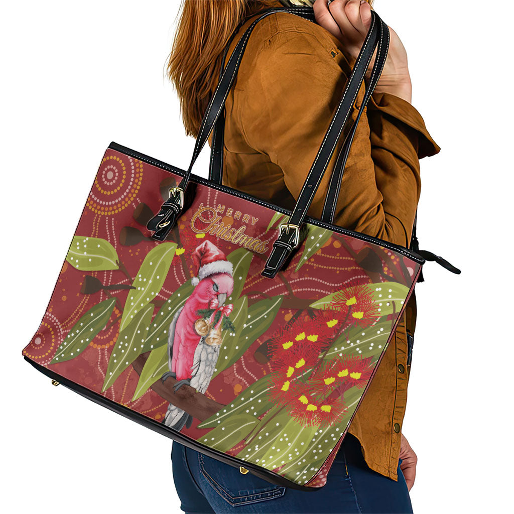 Australia Christmas Indigenous Leather Tote Bag Galah Bird on Eucalyptus