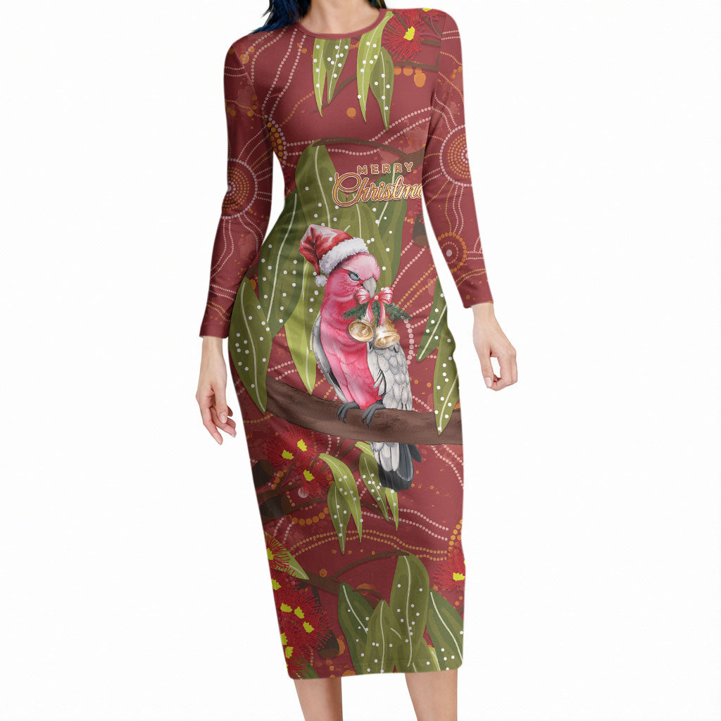 Australia Christmas Indigenous Long Sleeve Bodycon Dress Galah Bird on Eucalyptus