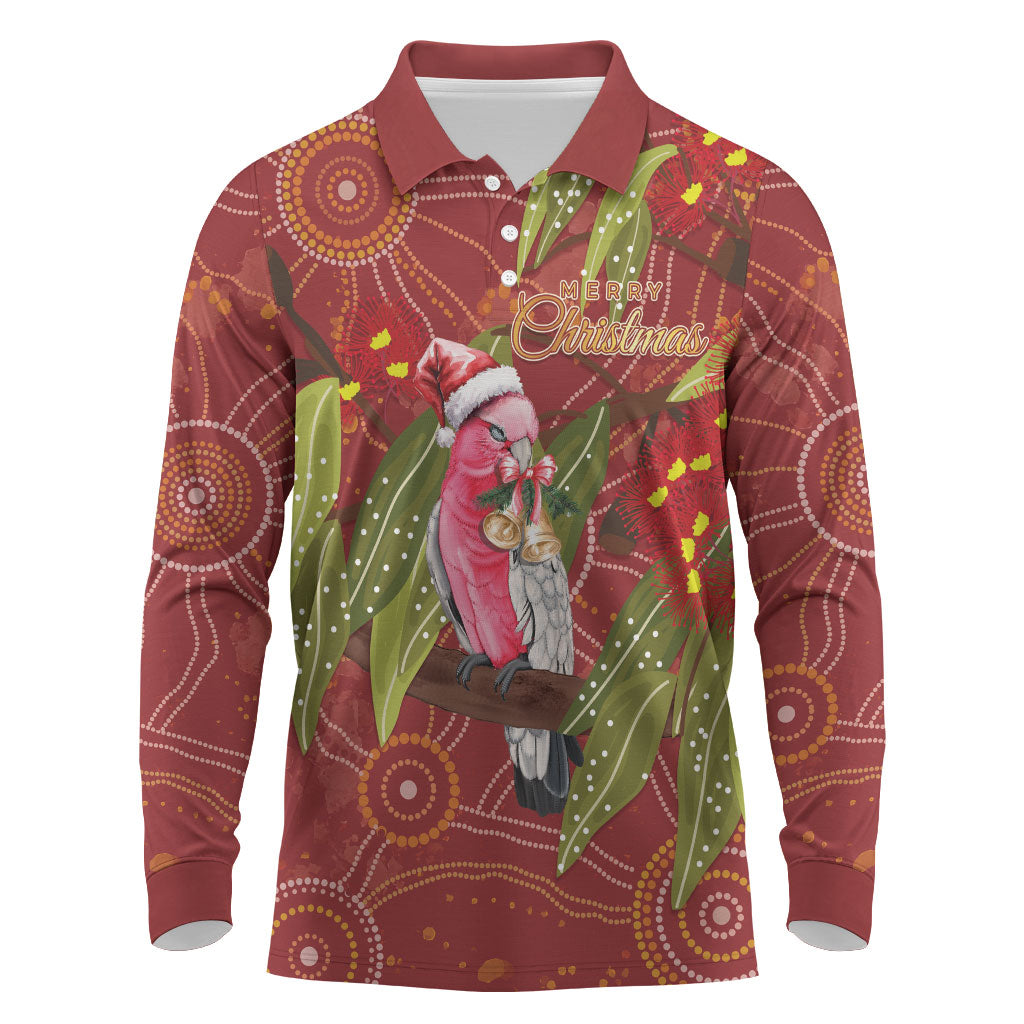 Australia Christmas Indigenous Long Sleeve Polo Shirt Galah Bird on Eucalyptus
