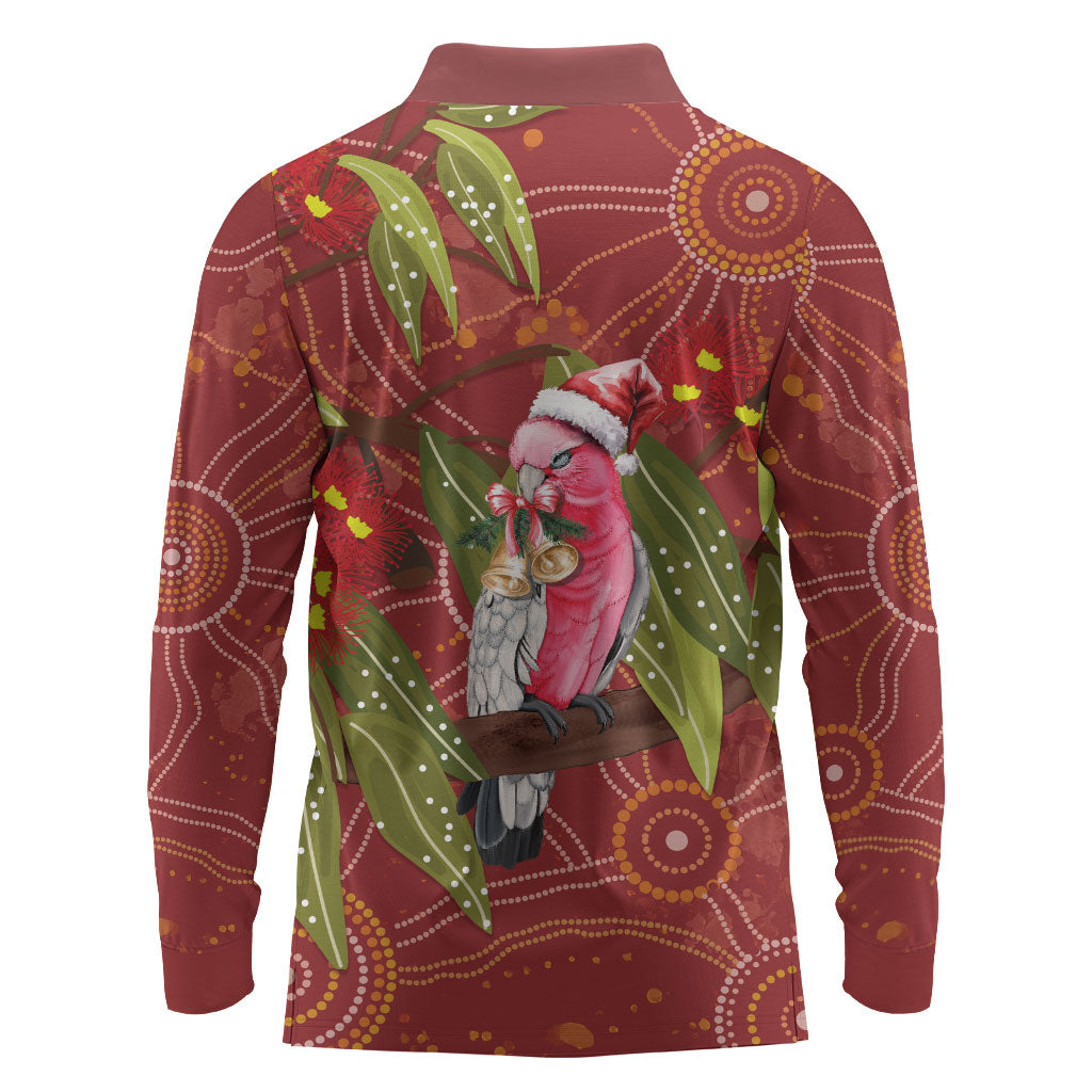Australia Christmas Indigenous Long Sleeve Polo Shirt Galah Bird on Eucalyptus