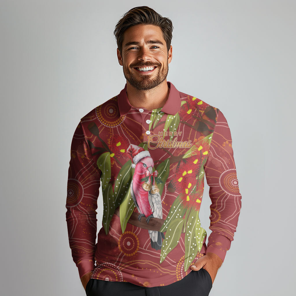 Australia Christmas Indigenous Long Sleeve Polo Shirt Galah Bird on Eucalyptus