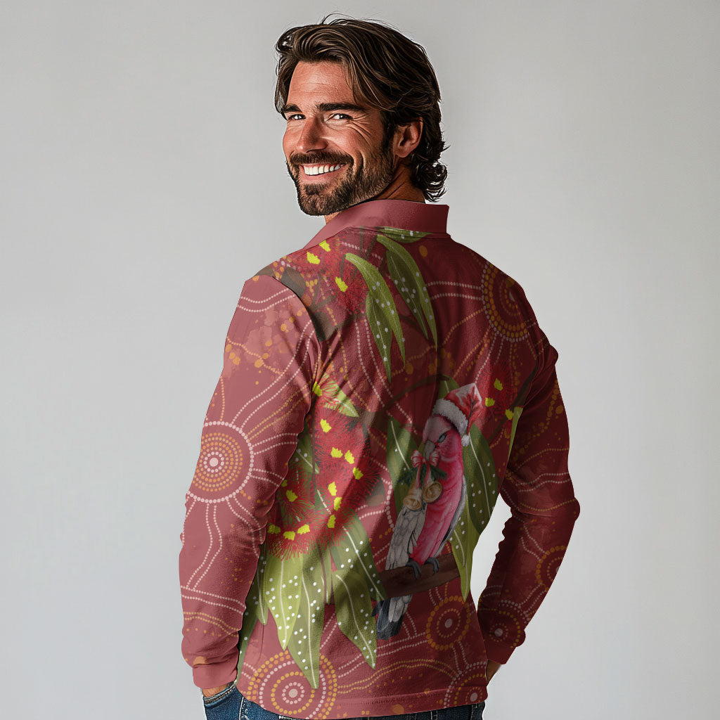 Australia Christmas Indigenous Long Sleeve Polo Shirt Galah Bird on Eucalyptus