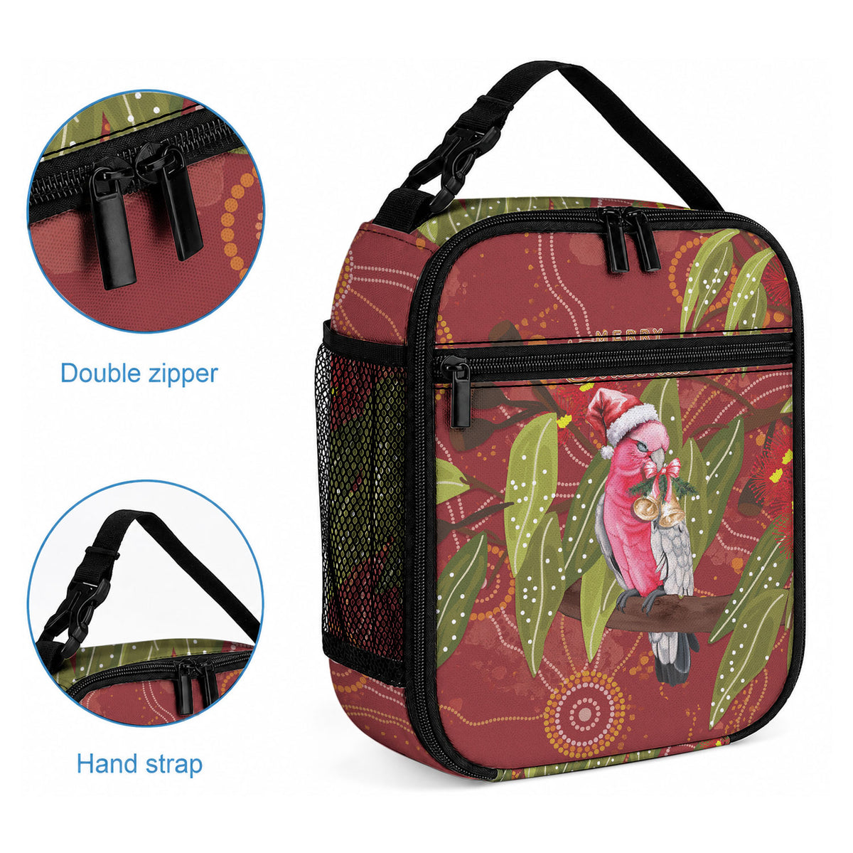 Australia Christmas Indigenous Lunch Bag Galah Bird on Eucalyptus