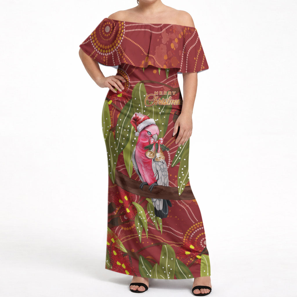 Australia Christmas Indigenous Off Shoulder Maxi Dress Galah Bird on Eucalyptus