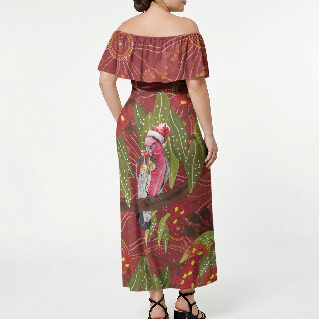Australia Christmas Indigenous Off Shoulder Maxi Dress Galah Bird on Eucalyptus