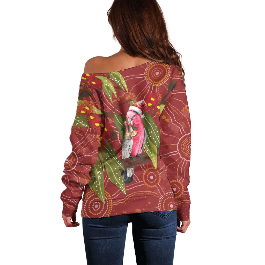 Australia Christmas Indigenous Off Shoulder Sweater Galah Bird on Eucalyptus