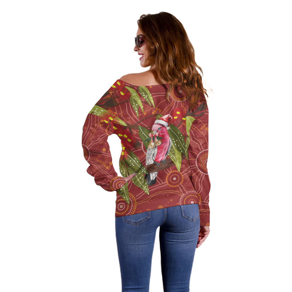 Australia Christmas Indigenous Off Shoulder Sweater Galah Bird on Eucalyptus
