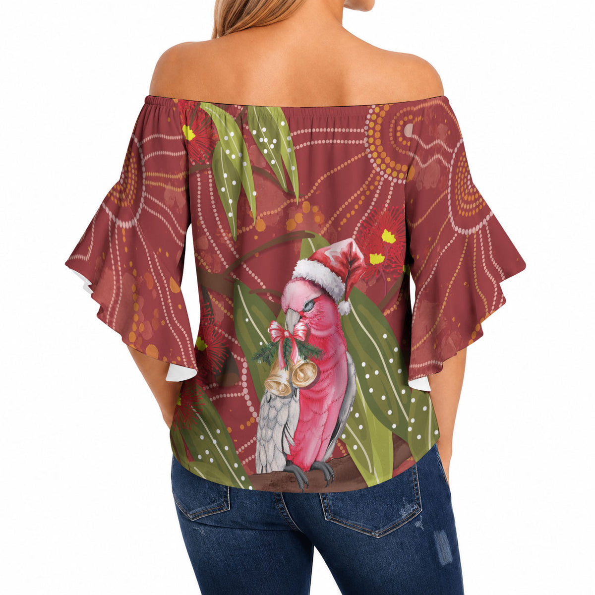 Australia Christmas Indigenous Off Shoulder Wrap Waist Top Galah Bird on Eucalyptus