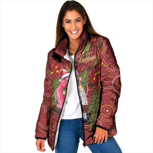 Australia Christmas Indigenous Padded Jacket Galah Bird on Eucalyptus