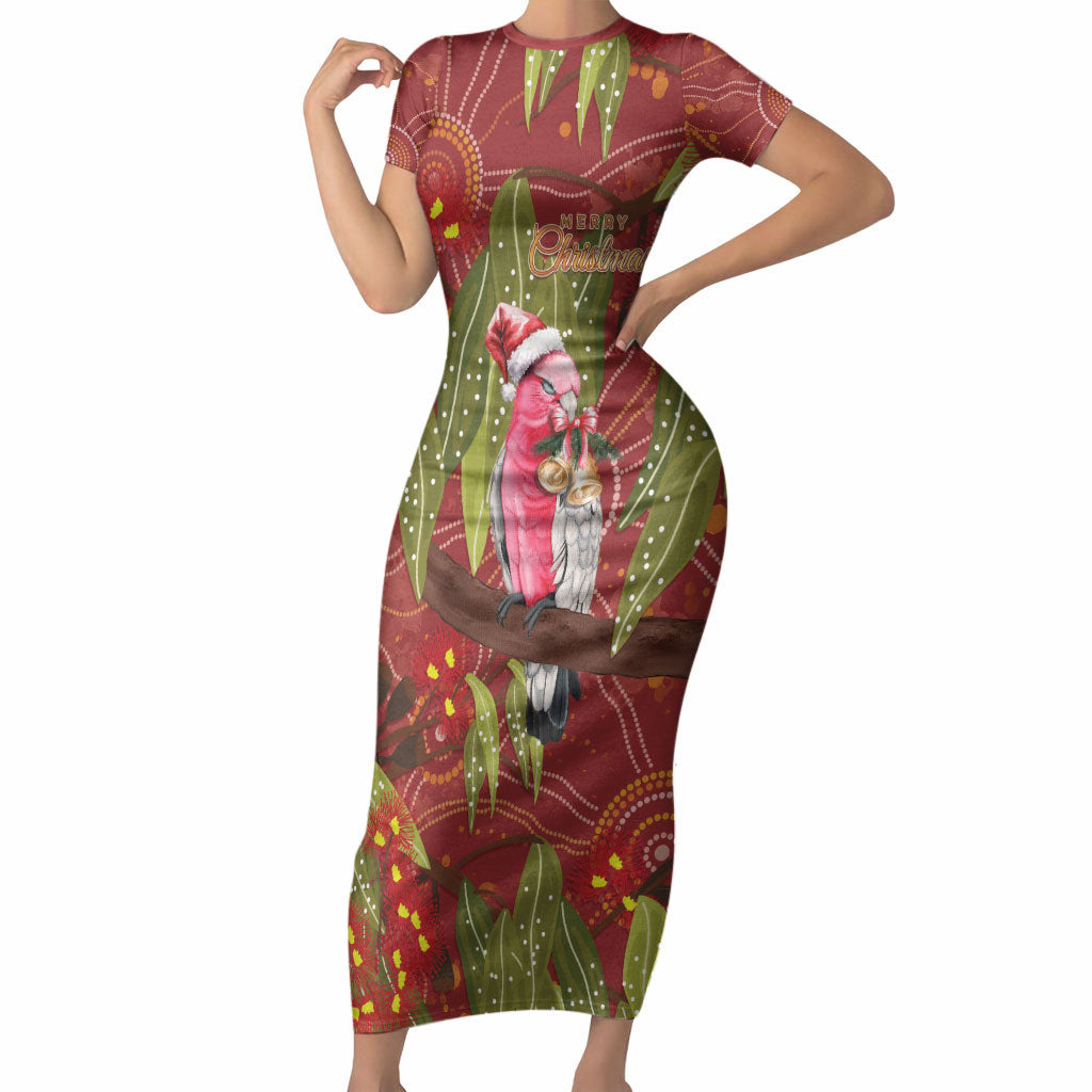 Australia Christmas Indigenous Short Sleeve Bodycon Dress Galah Bird on Eucalyptus