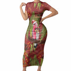 Australia Christmas Indigenous Short Sleeve Bodycon Dress Galah Bird on Eucalyptus