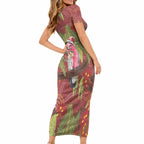Australia Christmas Indigenous Short Sleeve Bodycon Dress Galah Bird on Eucalyptus
