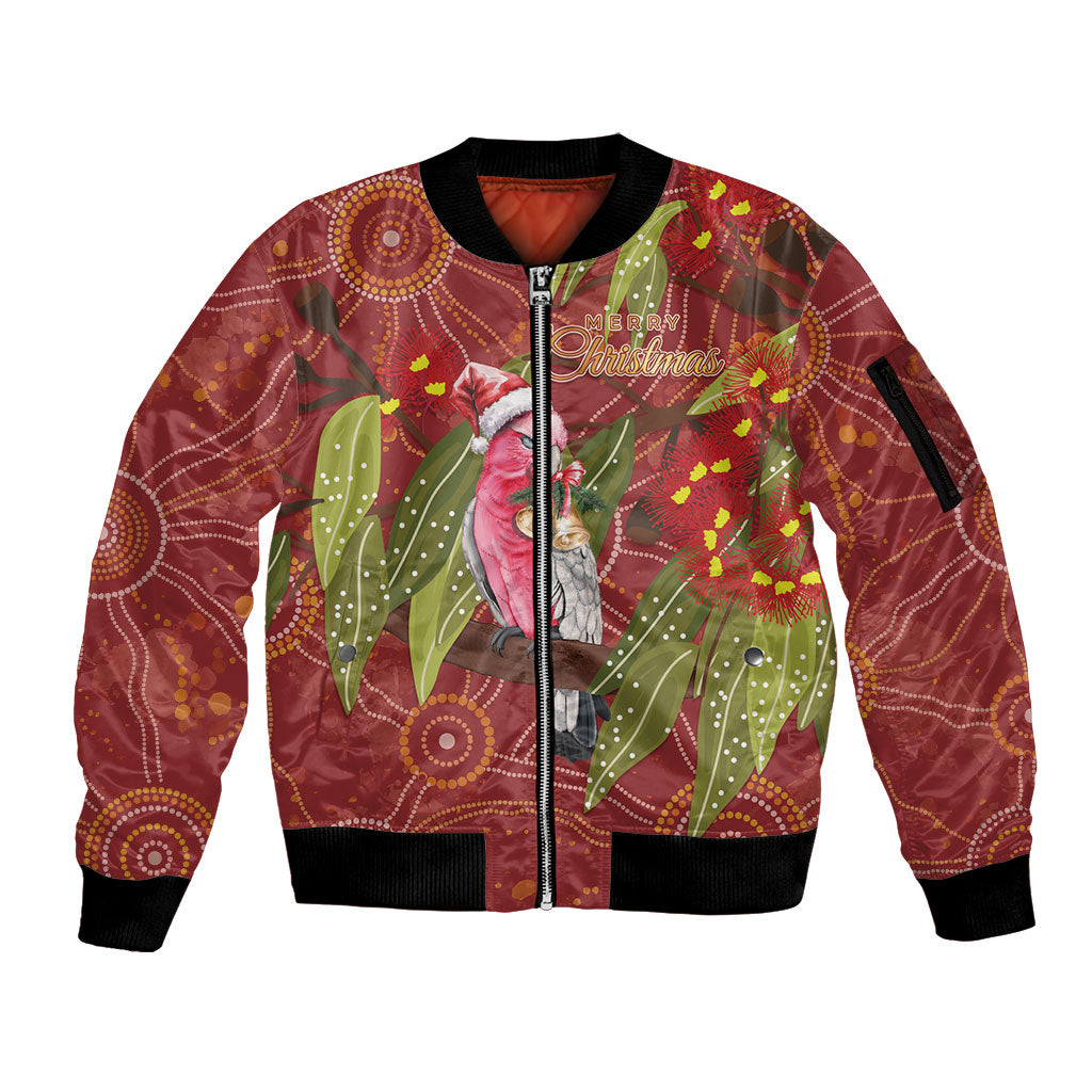 Australia Christmas Indigenous Sleeve Zip Bomber Jacket Galah Bird on Eucalyptus